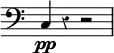 { \override Score.TimeSignature #'stencil = ##f \override Score.Rest #'style = #'classical \clef bass c4\pp r r2 }