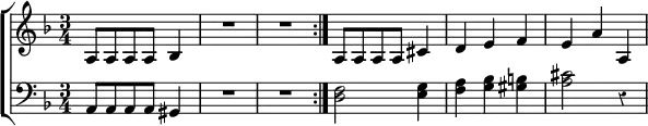 \new ChoirStaff << \compressMMRests \override Score.Rest #'style = #'classical
  \new Staff \relative a { \key f \major \time 3/4
    \repeat volta 2 { a8 a a a bes4 | R2.*2 }
    a8 a a a cis4 | d e f e a a, }
  \new Staff \relative a, { \clef bass \key f \major
    a8 a a a gis4 R2.*2 | <d' f>2 <e g>4 <f a> <g bes> <gis b> <a cis>2 r4 } >>