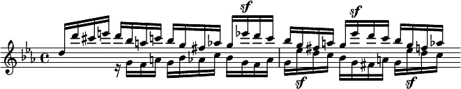 { \key ees \major \time 4/4 \relative d'' << { d16[ d' cis e] d[ bes a c] bes[ g fis aes] g[ ees'^\sf d c] | bes[ g fis a] g[ ees'^\sf d c] bes[ g f aes] s } \\ { s4 r16 g,[ f a] g[ bes aes c] bes[ g f aes] | g[ ees'_\sf d c] bes[ g fis a] g[ ees'_\sf d c] s } >> }