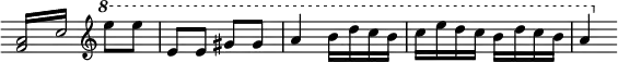 { \relative c { \override Score.TimeSignature #'stencil = ##f \time 3/4 \once \override Score.Clef #'stencil = ##f \clef bass
  \repeat tremolo 4 { <c a>16 e } \clef treble \ottava #1 e'''8 e
  \time 2/4 e,[ e] gis gis | a4 b16 d c b | c e d c b d c b | a4 } }