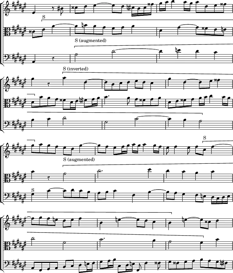 \new ChoirStaff << \override Score.Rest #'style = #'classical \override Score.TimeSignature #'stencil = ##f \override Score.BarNumber #'break-visibility = #'#(#f #f #f)
  \new Staff \relative e' { \key dis \minor \time 4/4 \partial 2
    eis4 r8 bis' | cisis dis eis4 ~ eis8 dis cis16 b cis fisis |
    gis ais b4 ais16 gis ais8 dis, eis fisis |
    gis4 r \[ ais^"S (inverted)" dis, ~ | dis8 b cis dis eis dis cis4 |
    gis' dis ~ dis8 eis fisis4 | gis8 \] ais gis fis eis dis gis4 ~ |
    gis8 fis eis fis16 gis ais gis ais4 gis16 fis |
    eis8 fis4 eis8 fis[ \[ cis]^"S" fis4 ~ |
    fis8 gis fis e dis e fis4 |
    b, e ~ e8 dis cis4 | b \] e ~ e8 cisis dis4 }
  \new Staff \relative c' { \clef alto \key dis \minor
    cisis8[ \[ eis]^"S" ais4 ~ | ais8 b! ais gis fis gis ais4 |
    dis, gis ~ gis8 fisis eis e |
    dis \] b' ais gis fisis dis16 eis fis8 gis16 ais |
    b4. ais8 gis fisis gis ais | dis, eis fisis gis ais16 b cis4 b16 ais
    b4 r \[ gis2^"S (augmented)" | cis2. dis4 | cis b ais b |
    cis2 fis, | b2. ais4 | gis2 fis4 \] b }
  \new Staff \relative a, { \clef bass \key dis \minor
    ais4 r | \[ ais'2^"S (augmented)" dis ~ | dis4 e dis cis |
    b cis dis2 | gis, cis ~ | cis4 b ais2 \]
    gis4^"S" cis ~ cis8 dis cis b | ais b cis4 fis, b ~ |
    b8 ais gis4 fis8 e dis16 cis dis e |
    ais,8 fis gis ais b cis dis e16 fis |
    gis8 ais16 b cis,8 dis16 e fis,8 fis'4 fisis8 |
    gis fisis gis ais b ais gis fis } >>