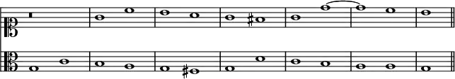 { \override Score.TimeSignature #'stencil = ##f \time 4/2 \clef soprano << \relative g' { r\breve g1 c | b a g fis | g d' ~ d c b \bar "||" }
\new Staff { \clef alto \relative g { g1 c b a g fis g d' c b a a g } } >> }