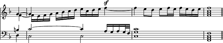 { \override Score.TimeSignature #'stencil = ##f \key f \major \partial 4 << \relative g' << { g4 ~ g } \\ { f4 ~ f16 e f g a bes c d e c d e f4^\sf ~ f e8 d e f16 e f e d e <f c a f>1 \bar "||" } >>
\new Staff { \clef bass \key f \major \relative b << { b4 c2 ~ c4 a16 g a g32 f c'1 } \\ { d,4 c2 c <c g'>1 <f c a f> } >> } >> }