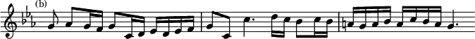 \relative g' { \time 4/4 \override Score.TimeSignature #'stencil = ##f \partial 8*7 \key c \minor \mark \markup \small "(b)" g8 aes g16 f g8 c,16 d ees d ees f | g8 c, c'4. d16 c bes8 c16 bes | a g a bes a c bes a g4. }