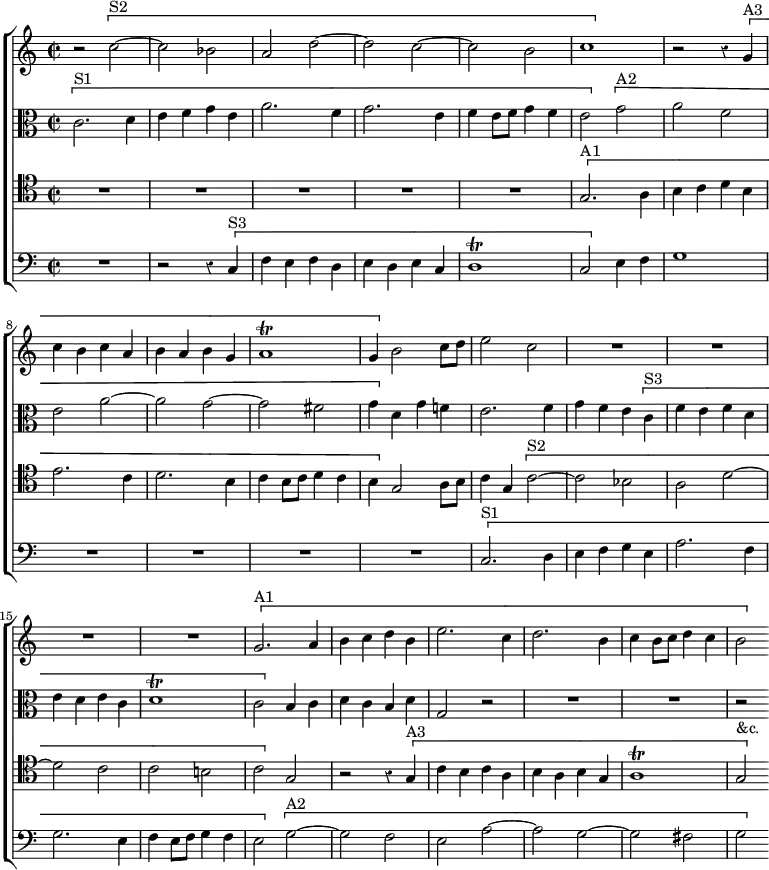 \new ChoirStaff << \override Score.Rest #'style = #'classical
  \new Staff \relative c'' { \time 2/2 
    r2 \[ c^"S2" ~ c bes | a d ~ | d c ~ | c b | c1 \] |
    r2 r4 \[ g^"A3" | c b c a | b a b g | a1\trill | g4 \] b2 c8 d |
    e2 c | R1*4 \[ g2.^"A1" a4 | b c d b | e2. c4 | d2. b4 |
    c b8 c d4 c | b2 \] }
  \new Staff \relative c' { \clef alto
    \[ c2.^"S1" d4 | e f g e | a2. f4 | g2. e4 | f e8 f g4 f |
    e2 \] \[ g2^"A2" ~ | a f | e a ~ | a g ~ | g fis |
    g4 \] d g f! | e2. f4 | g f e \[ c^"S3" | f e f d | e d e c |
    d1\trill | c2 \] b4 c | d c b d | g,2 r | R1*2 | r2_"&c." }
  \new Staff \relative g { \clef tenor
    R1*5 | \[ g2.^"A1" a4 | b c d b | e2. c4 | d2. b4 |
    c4 b8 c d4 c | b \] g2 a8 b | c4 g \[ c2^"S2" ~ c bes |
    a d ~ | d c | c b! | c \] g | r r4 \[ g^"A3" | c b c a |
    b a b g | a1\trill | g2 \] }
  \new Staff \relative c { \clef bass
    R1 r2 r4 \[ c^"S3" | f e f d | e d e c | d1\trill | c2 \] e4 f |
    g1 | R1*4 \[ c,2.^"S1" d4 | e f g e | a2. f4 | g2. e4 |
    f e8 f g4 f | e2 \] \[ g^"A2" ~ | g f | e a ~ | a g ~ g fis g \] } >>