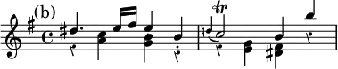 { \new Staff << \mark "(b)" \key e \minor \time 4/4 \override Score.Rest #'style = #'classical
\new Voice \relative d'' { \stemUp
  dis4. e16 fis e4-. b-. | \appoggiatura d! c2\trill b4 b' }
\new Voice \relative a' { \stemDown
  r4 <a c> <g b> r | r <g e> <fis dis> r } >> }