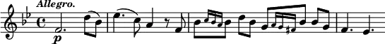 { \time 4/4 \key bes \major \tempo \markup { \smaller \italic Allegro. } \relative f' { f2.\p d'8( bes) | ees4.( c8) a4 r8 f bes[ \grace { c16[ bes a] } bes8] d[ bes] g[ \grace { a16[ g fis] } bes8] bes[ g] f4. ees } } 