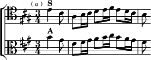  \new ChoirStaff <<
  \new Staff \relative e' { \clef tenor \key a \major \time 3/4 \partial 4. \mark \markup \tiny { ( \italic a ) }
    e4^\markup \bold "S" cis8 |
    a b16 cis d8 e16 fis e8 d16 cis | b8 }
  \new Staff \relative b' { \clef alto \key a \major
    b4^\markup \bold "A" gis8 |
    e fis16 gis a8 b16 cis b8 a16 gis | fis8 } >>