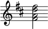 { \key d \major \override Score.TimeSignature #'stencil = ##f <fis' a' d'' fis''>2 }