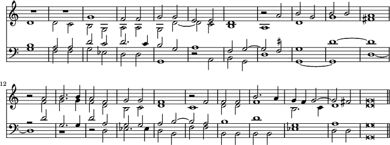 << \time 2/2 \override Score.TimeSignature #'stencil = ##f \new Staff << \new Voice { \relative g' { \stemUp R1*2 g1 | f2 f | g g |
  e e d1 | r2 a' | b g | b b |
  a1 | r2 a | b2. b4 | a2 f | g g | f1 |
  r2 f | f f | b2. a4 | g f g2 ^~ | g fis | g\breve*1/2 \bar "||" } }
\new Voice { \relative d' { \stemDown d1 | d2 c | b g | a a | g d' _~ 
  d c | b1 | a | d | g |
  fis | r2 f | g2. g4 | f2 d | b c | d1 |
  c | d2 d | f1 | b,2. c4 | d1 | d\breve*1/2 } } >>
\new Staff << \clef bass \new Voice { \relative b { \stemUp
  b1 | a2 a | d c | d2. c4 | b2 g |
  a1 | f2 g ^~ | g \set suggestAccidentals = ##t fis | g1 d' ^~ |
  d | r2 d | g,2. g4 | d'2 a | g g | a b ^~ |
  b a | b1 d g, a g\breve*1/2 } }
\new Voice { \relative g { \stemDown g1 | f2 f | g ees | d d | g,1 |
  r2 a | b g | d'1 | g,1 _~ g |
  d' _~ d | r | r2 d | ees2. ees4 | d2 b |
  f' f | b, b b b | ees1 | d2 d | g,\breve*1/2 } } >> >>