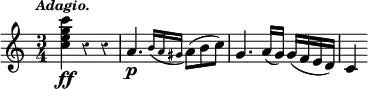 { \time 3/4 \override Score.Rest #'style = #'classical \tempo \markup { \smaller \italic Adagio. } \relative c'' { <c e g c>4\ff r r | a4.\p \appoggiatura { b16[ a gis] } a8( b c) | g4. a16( g) g( f e d) | c4 } }