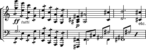 \new ChoirStaff << \override Score.TimeSignature #'stencil = ##f
  \new Staff \relative g'' { \time 4/4 <g g'>4:8\ff <e e'>:_\markup \small \italic "tutti" <c c'>: <g g'>: |
    <e e'>: <c c'>: <a a'>: <g g'>: |
    <ais cis fis>4\p <ais ais'>2 <cis cis'>4 |
    <d d'>2. <cis cis'>4_"etc." }
  \new Staff <<
    \new Voice \relative g { \clef bass \stemUp
      g2. s4 <e e,>4:8 <c c,>: <a a,>: <g g,>: |
      <fis fis,>4 fis8 cis' \repeat tremolo 2 { ais8 fis'} |
      \repeat percent 2 { \repeat tremolo 2 { ais,8 fis' } } }
    \new Voice \relative g, { \stemDown
      g4:8 e': c: <g g'>: | s1 | s4 fis2 fis4 fis1 } >> >>