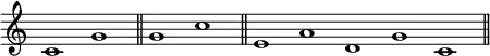 { \override Score.TimeSignature #'stencil = ##f \cadenzaOn
 c'1 g' \bar "||" g' c'' \bar "||" e' a' d' g' c' \bar "||" }