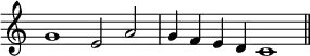 { \override Score.TimeSignature #'stencil = ##f \time 2/1
\relative g' { g1 e2 a | g4 f e d c1 \bar "||" } }