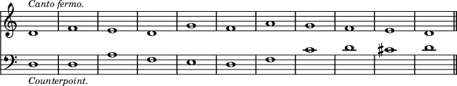 { \override Score.TimeSignature #'stencil = ##f \time 4/4 << \relative d' { d1^\markup { \smaller \italic "Canto fermo." } f e d g f a g f e d \bar "||" }
\new Staff { \clef bass \relative d { d1-\markup { \smaller \italic Counterpoint. } d a' f e d f c' d cis d } } >> }