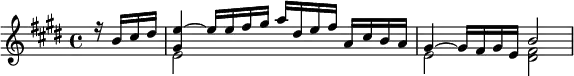 { \time 4/4 \key e \major \partial 4 \relative b' << { r16 b cis dis | <e gis,>4 ~ e16 e fis gis a dis, e fis a, cis b a | gis4 ~ gis16 fis gis e b'2 } \\ { s4 | e,2 s | e <fis dis> } >> }