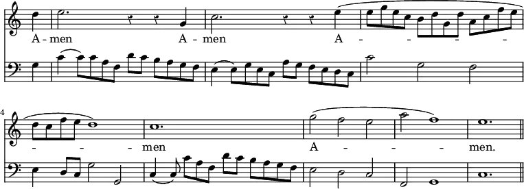 << \new Staff \relative f'' { \time 3/2 \key c \major \omit Staff.TimeSignature \override Staff.Rest.style = #'classical
  \partial 4 d4 | e2. r4 r4 g,4 | c2. r4 r4 e4( | e8 [g e c] b [d g, d'] a [c f e] | d [c f e] d1) | c1. 
  g'2 (f e | a f1) | e1. \bar "||" }
\addlyrics { A -- men A -- men A -- men A -- men. }
\new Staff \relative f { \clef bass \key c \major \omit Staff.TimeSignature \override Staff.Rest.style = #'classical
  \partial 4 g4 | c4 (c8) [c a f] d' [c] b [a g f] | e4 (e8) [g e c] a' [g] f [e d c] | c'2 g f | e4 d8 [c] g'2 g, | c4 (c8) c' [a f] d' [c] b [a g f] |
  e2 d c | f, g1 | c1. } >>