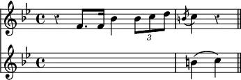 { \override Score.Rest #'style = #'classical \time 4/4 \key g \minor << \relative f' { r4 f8. f16 bes4 \times 2/3 { bes8 c d } | \acciaccatura b8 c4 r \bar "||" }
\new Staff { \key g \minor { s1 | b'4( c'') } } >> }