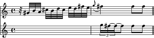 { \time 4/4 \partial 4. << \relative g' { r32 gis[ b a] cis[ b d cis] e[ d fis e] | \appoggiatura g8 fis4 fis8 fis \bar "||" }
\new Staff { \clef treble \relative g'' { s4. | \times 2/3 { g16 fis ~ fis ~ } fis8 fis fis } } >> }