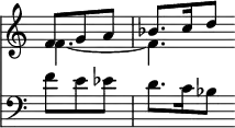 { \override Score.TimeSignature #'stencil = ##f \time 6/8 \partial 4. << \relative f' << { f8 g a | bes8. c16 d8 } \\ { f,4. ~ f } >> \new Staff { \clef bass \relative f' { f8 e ees | d8. c16 bes8 } } >> }