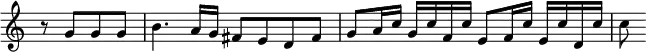  \relative g' { \key c \major \time 4/4 \partial 2 \override Score.TimeSignature #'stencil = ##f
  r8 g g g | b4. a16 g fis8 e d fis | g a16 c g c f, c' e,8 f16 c' e, c' d, c' | c8 }