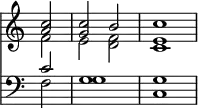 { \override Score.TimeSignature #'stencil = ##f \partial 2 << \relative c'' << { <c a>2 <c g> b c1 } \\ { f,2 e <f d> <e c>1 } >>
\new Staff { \clef bass \relative c' << { c2 g1 g } \\ { f2 g1 c, } >> } >> }