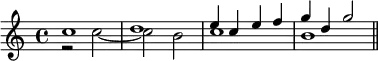 { \time 4/4 \relative c'' << { c1 d e4 c e f g d g2 \bar "||" } \\ { r2 c,2 ~ c b c1 b } >> }