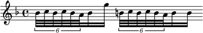 { \key d \minor \time 4/4 \relative b' {
  \tuplet 6/4 { bes32 c bes c bes a } bes16 g'
  \tuplet 6/4 { b,32 c b c b a } b16 b } }