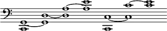 { \override Score.TimeSignature #'stencil = ##f \clef bass \cadenzaOn <g, c,>1 ~ <g, d> ~ <d a> ~ <a e'> s <c, c> ~ <c c'> ~ <c' e'> }