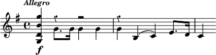 { \time 4/4 \key g \major \override Score.Rest #'style = #'classical \tempo \markup { \smaller \italic Allegro } \relative g { <g d' b' g'>4\f << { r4 r2 r4 b( c) e8. d16 c4 } \\ { g'8. g16 g4 g g } >> } }