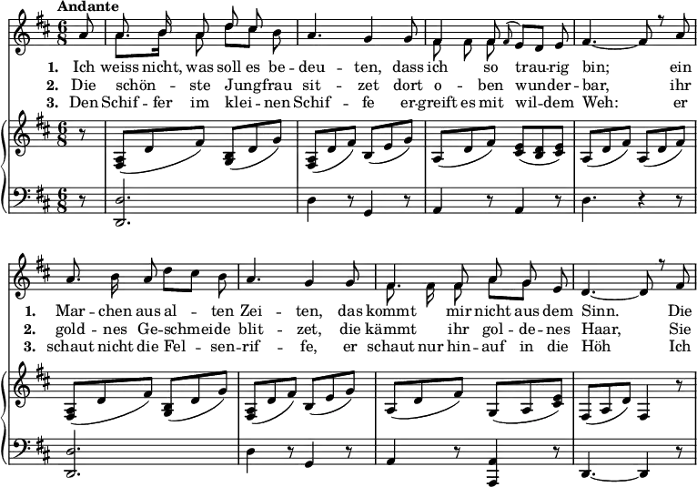 {
<< \new Staff << \override Score.BarNumber #'stencil = ##f %% Suppress bar numbering
\time 6/8 \tempo Andante \key d \major \partial 8
  \new Voice = "first" { \voiceOne \relative a' { \autoBeamOff \mergeDifferentlyDottedOn
  a8 | a8. b16 a8 d cis \stemDown b | \stemUp a4. g4 g8 |
  fis4 fis8 \appoggiatura fis8 e[ d] e | fis4. _~ fis8 r a |
%line 2
  a8. \stemDown b16 \stemUp a8 \stemDown d[ cis] b | \stemUp a4. g4 g8 |
  fis4 fis8 a g e | d4. _~ d8 r fis | } }

  \new Voice = "second" { \voiceTwo \relative a' { \autoBeamOff
  s8 | a8.[ b16] a8 d[ cis] s8 | s2. | 
  fis,8 fis fis s4. | s2.
%line 2
  s2.*2 |
  fis8. fis16 fis8 a[ g] s } }
>> 
\new Lyrics \lyricsto "first" { \set stanza = #"1. " Ich weiss nicht, was soll es be -- deu -- ten, dass ich so trau -- rig bin; ein 
\set stanza = #"1. " Mar -- chen aus al -- ten Zei -- ten, das kommt mir nicht aus dem Sinn. Die }

\new Lyrics \lyricsto "first" { \set stanza = #"2. " \set associatedVoice = "second" Die schön -- ste \set associatedVoice = "first" Jung -- _ frau sit -- zet dort o -- ben wun -- der -- bar, ihr
\set stanza = #"2. " gold -- nes Ge -- schmei -- de blit -- zet, die kämmt ihr gol -- de -- nes Haar, Sie }

\new Lyrics \lyricsto "first" { \set stanza = #"3. " Den Schif -- fer im klei -- _ nen Schif -- fe \set associatedVoice = #"second" er -- greift es \set associatedVoice = "first" mit wil -- dem Weh: er
\set stanza = #"3. " schaut nicht die Fel -- sen -- rif -- fe, \set associatedVoice = #"second" er schaut nur \set associatedVoice = #"first" hin -- auf in die Höh Ich }

\new PianoStaff << \new Staff { \key d \major \relative a {
  r8 | <a fis>( d fis) <b, g>( d g) | <a, fis>( d fis) b,( e g) |
  a,( d fis) <e cis>( <d b> <e cis>) |
  a,( d fis) a,( d fis) |
%line 2
  <a, fis>( d fis) <b, g>( d g) | <a, fis>( d fis) b,( e g) |
  a,( d fis) g,( a <cis e>) | fis,( a d) fis,4 r8 } }

\new Staff { \clef bass \key d \major \relative d {
  r8 | <d d,>2. | d4 r8 g,4 r8 | a4 r8 a4 r8 | d4. r4 r8 |
%line 2
  <d d,>2. | d4 r8 g,4 r8 | 
  a4 r8 <a a,>4 r8 | d,4. ~ d4 r8 } }
>> >> }