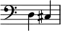 { \override Score.TimeSignature #'stencil = ##f \clef bass \time 2/4 d4 cis }