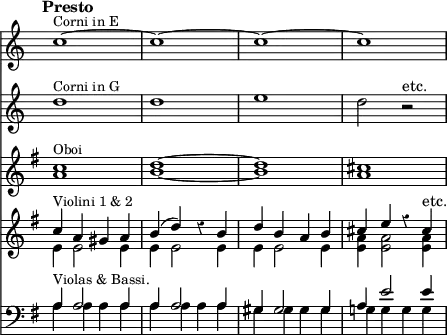 { << \new Staff \relative c'' { \time 4/4 \override Score.TimeSignature #'stencil = ##f \override Score.Rest #'style = #'classical \tempo "Presto"
  c1^\markup \small "Corni in E" ~ c ~ c ~ c }
\new Staff \relative d'' {
  d1^\markup \small "Corni in G" d e d2 r^"etc." }
\new Staff \relative c'' { \key e \minor
  <c a>1^\markup \small "Oboi" <d b> ~ q <cis a> }
\new Staff << \key e \minor
 \new Voice \relative c'' { \stemUp
  c4^\markup \small "Violini 1 & 2" a gis a | b^( d) r b |
  d b a b cis e r cis^"etc." }
 \new Voice \relative e' { \stemDown
  e4 e2 e4 | e e2 e4 | e e2 e4 | <e a> q2 q4 } >>
\new Staff << \clef bass \key e \minor
 \new Voice \relative a { \stemUp
  a4^\markup \small "Violas & Bassi." a2 a4 |
  a a2 a4 | gis gis2 gis4 | a e'2 e4 }
 \new Voice \relative { \stemDown
  a4 a a a | a a a a | gis gis gis gis | g! g g g } >> >> }