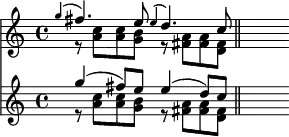 { \time 4/4 << \relative g'' << { \appoggiatura g4 \stemUp fis4. e8 \appoggiatura e4 d4. c8 \bar "||" s4 } \\ { r8 <c a> <c a> <b g> r <a fis> <a fis> <fis d> | s4 } >>
\new Staff { \relative g'' << { g4( fis8) e e4( d8) c | s4 } \\ { r8 <c a> <c a> <b g> r <a fis> <a fis> <fis d> | s4 } >> } >> }