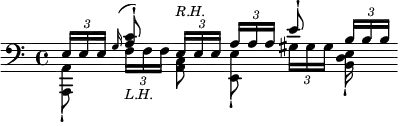 \relative e { \clef bass 
<< { \tuplet 3/2 { e16[ e e] } \appoggiatura g <a c>8^!
     \tuplet 3/2 8 { e16[^\markup \small \italic "R.H." e e] a[ a a] }
     e'8^! \tuplet 3/2 { b16[ b b] } } \\
   { \autoBeamOff <a, a,>8_! \tuplet 3/2 { f'16[_\markup \small \italic "L.H." f f] }
     <c a>8 <e e,>_! \tuplet 3/2 { gis16[ gis gis] } <e d b>_! } >> }