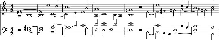 << \new Staff { \time 4/2 \key c \major <<
\new Voice { \relative e' { \stemUp e\breve ^~ | e2 e'1 d2 | c1. b2 | a\breve | gis1 r | e'1. d4 c | b1 c2 } }
\new Voice { \relative b { \stemDown r1 b _~ | b c _~ | c2 d e1 | a,2 c1 b4 a | b1 r2 e _~ | e fis gis a _~ | a gis a } } >> }
\new Staff { \clef bass \key c \major <<
\new Voice { \stemUp r1 gis ^~ | gis a ^~ | a2 b c'1 | d'2 e'1 d'2 | e'1 r | c'1. b4 a | b1 a2 }
\new Voice { \stemDown r1 e _~ | e r | a1. g2 | f e f1 | e r2 c _~ | c b,4 a, e1 _~ | e a,2 } >> } >> 