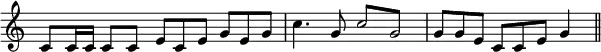 { \override Score.TimeSignature #'stencil = ##f \override TupletNumber #'stencil = ##f \override TupletBracket #'bracket-visibility = ##f \relative c' { c8[ c16 c] c8[ c] \times 2/3 { e[ c e]  } \times 2/3 { g[ e g] } | c4. g8 \repeat tremolo 2 { c8 g } | \times 2/3 { g g e } \times 2/3 { c c e } g4 \bar "||" } }