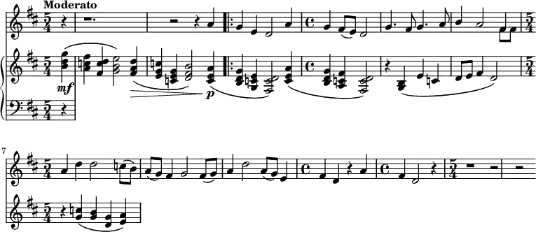 
\relative c'' {
  <<
\new Staff {
\time 5/4
\key d \major
\tempo "Moderato" 
  \partial 4 r4 
r1. r2 r4 a4 
\bar ".|:" g e d2 a'4
\time 4/4
g4 fis8( e) d2 g4. fis8 g4. a8  << {b4 a2 fis4} \\ {s2 s4 fis8 fis} >>
\time 5/4 
a4 d d2 c8 (b) a (g) fis4 g2 fis8 (g) a4 d2 a8 (g) e4
\time 4/4
fis4 d r4 a'4
\time 4/4
 fis4 d2 r4 \time 5/4 r1 r2 r2
}
  \new GrandStaff <<
    \new Staff {
\key d \major
<b' d g>4\mf\( <a c fis> <fis c' d> <g b e>2\) <fis a d>4\>\( <e g c> <c e g> <d fis b>2\) <c e a>4\!\p\( <b d g> <g c e> <fis c' d>2\) <c' e a>4\( <b d g> <a c fis> <fis c' d>2\) r4 <g b>4\( e' c d8 e fis4 d2\) r4 <g c>\( <g b> <d g> <e a>\) 
    }
    \new Staff {
      \clef "bass"
\key d \major
  r4
    }
  >>
>>
}
