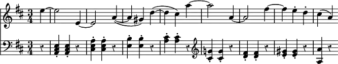 { \override Score.Rest #'style = #'classical \time 3/4 \partial 4 << { \key d \major \relative c'' { e4 ~ | e2 e,4 ~ | e2 a4( ~ | a gis) d'( ~ | d cis) a' ~ | a2 a,4 ~ | a2 fis'4 ~ | fis e-. d-. | cis( a) } }
\new Staff { \clef bass \key d \major \relative c
  { r4 | <e cis a>-. <e cis a>-. r | <a e cis>-. <a e cis>-. r | <b e,>-. <b e,>-. r | <cis a>-. <cis a>-. r | \clef treble <g'! cis,>-. <g cis,>-. r | <fis d>-. <fis d>-. r | <gis e>-. <gis e>-. r | <a a,> r } } >> }
