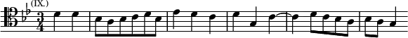 \relative d' { \clef tenor \key g \minor \time 3/4 \partial 2 \mark \markup \tiny { (IX.) } d4 d | bes8 a bes c d bes | ees4 d c | d g, c ~ | c d8 c bes a | bes a g4 }