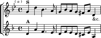 \new ChoirStaff <<
  \new Staff \relative g' { \key g \minor \time 4/4 \mark \markup \tiny { ( \italic a ) }
    g4^\markup \bold "S" d' bes4. a8 | g bes a g fis a d,4_"&c." }
 \new Staff \relative d' { \key d \minor
    d4^\markup \bold "A" a' f4. e8 | d f e d cis e a,4 } >>