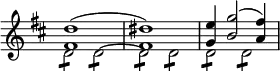 \new Staff << \override Score.TimeSignature #'stencil = ##f \time 4/4 \key d \major \new Voice \relative d'' { \stemUp <d fis,>1^( <dis fis,>) | <e g,>4 <g b,>2^( <fis a,>4) }
\new voice \relative d' { \stemDown d2:8 d: ~ d: d: d: d: } >>