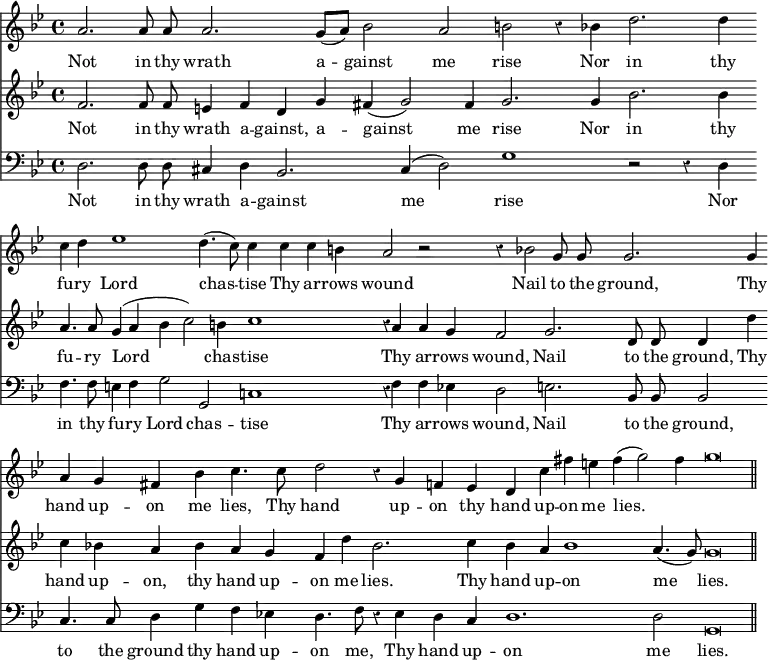 { \time 4/4 \key g \minor \override Score.Rest #'style = #'classical << \relative a' { \autoBeamOff \cadenzaOn a2. a8 a a2. g8([ a)] bes2 a b2 r4 bes d2. d4 \bar "" \break c d ees1 d4.( c8) c4 c c b a2 r2 r4 bes2 g8 g g2. g4 \bar "" \break a g fis bes c4. c8 d2 r4 g, f ees d c' fis e fis( g2) fis4 g\breve \bar "||" } \addlyrics { Not in thy wrath a -- gainst me rise Nor in thy fu -- ry Lord chas -- tise Thy ar -- rows wound Nail to the ground, Thy hand up -- on me lies, Thy hand up -- on thy hand up -- on me lies. }
\new Staff { \clef treble \key g \minor \relative f' { \autoBeamOff \cadenzaOn f2. f8 f e4 f d g fis( g2) fis4 g2. g4 bes2. bes4 a4. a8 g4( a bes c2) b4 c1 r4 a a g fis2 g2. d8 d d4 d' c bes a bes a g fis d' bes2. c4 bes a bes1 a4.( g8) g\breve | } } \addlyrics { Not in thy wrath a -- gainst, a -- gainst me rise Nor in thy fu -- ry Lord chas -- tise Thy ar -- rows wound, Nail to the ground, Thy hand up -- on, thy hand up -- on me lies. Thy hand up -- on me lies. }
\new Staff { \clef bass \key g \minor \relative d { \autoBeamOff \cadenzaOn d2. d8 d cis4 d bes2. cis4( d2) g1 r2 r4 d f4. f8 e4 f g2 g,2 c1 r4 f f ees d2 e2. bes8 bes bes2 c4. c8 d4 g f ees d4. f8 r4 ees d c d1. d2 g,\breve | } } \addlyrics { Not in thy wrath a -- gainst me rise Nor in thy fu -- ry Lord chas -- tise Thy ar -- rows wound, Nail to the ground, to the ground thy hand up -- on me, Thy hand up -- on me lies. } >> }