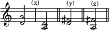 { \relative d' { \override Score.TimeSignature #'stencil = ##f \time 2/4
 <d a'>2 \mark \markup \small "(x)" <d a> \bar "||"
 <d fis>^\markup \small "(y)" \bar "||"
 <fis a,>^\markup \small "(z)" \bar "||" } }