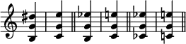 { \relative d'' { \override Score.TimeSignature #'stencil = ##f \time 1/4
 <dis g, b,> <e g, c,> \bar "||"
 <ees g, b,> <e! g, c,> \bar "||"
 <ees g, ces,> <e! g, c,!> \bar "||" } }