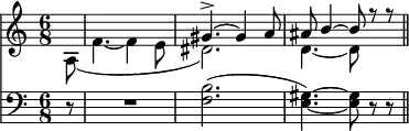 { \time 6/8 \partial 8 << \relative g' << { s8 s2. | gis4.-> ~ gis4 a8 | ais b4 ~ b8 r r \bar "||" } \\ { a,8( | f'4. ~ f4 e8 | dis2.) | d4. ~ d8 } >>
\new Staff { \clef bass r8 R2. | <f b>2.( | <gis e>4.) ~ q8 r r } >> }