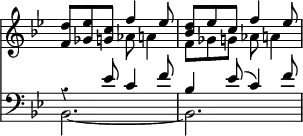 { << \new Staff << \time 6/8 \override Score.TimeSignature #'stencil = ##f \override Score.Rest #'style = #'classical \key bes \major
 \new Voice \relative d'' { \stemUp
  <d f,>8 <ees ges,> <c g> f4 ees8 |
  <d bes> ees c f4 ees8 }
 \new Voice \relative a' { \stemDown
  s4. aes8 a4 | f8 ges g aes8 a4 } >>
\new Staff << \key bes \major \clef "bass" 
 \new Voice \relative e' { \stemUp
  r4 ees8 c4 f8 | bes,4 ees8^( c4) f8 }
 \new Voice \relative b, { \stemDown bes2. _~ | bes } >> >> }