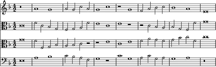 { \time 4/2 \key f \major << \relative a' { r\breve | a1 g | a2 g c a | g1 c | r g | f2 a bes c | bes1 a | e\breve }
\new Staff { \clef alto \key f \major \relative c' { c\breve | f2 c bes g | f g a f' | e1 c | e r | r2 c bes a | bes g f f' | g\breve } }
\new Staff { \clef alto \key f \major \relative g' { g\breve | f2 f, g bes | a bes c r | r1 e | c e | f2 a g f | g bes c f, | c'\breve } }
\new Staff { \clef bass \key f \major \relative e { e\breve | a1 bes | c2 bes a f | g1 r | c g | a2 c g a | g1 a | r\breve } } >> }