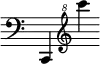 { \override Score.TimeSignature #'stencil = ##f \clef bass c,4 \clef "treble^8" c'''' }