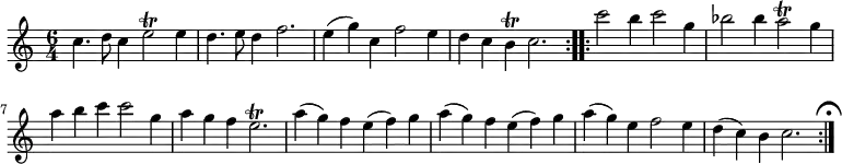 { \time 6/4 \relative c'' { \repeat volta 2 { c4. d8 c4 e2\trill e4 | d4. e8 d4 f2. | e4( g) c, f2 e4 | d c b\trill c2. } \repeat volta 2 { c'2 b4 c2 g4 | bes2 bes4 a2\trill g4 | a b c c2 g4 | a g f e2.\trill | a4( g) f e( f) g | a( g) f e( f) g | a( g) e f2 e4 | d( c) b c2. \mark \markup { \musicglyph #"scripts.ufermata" } } } }